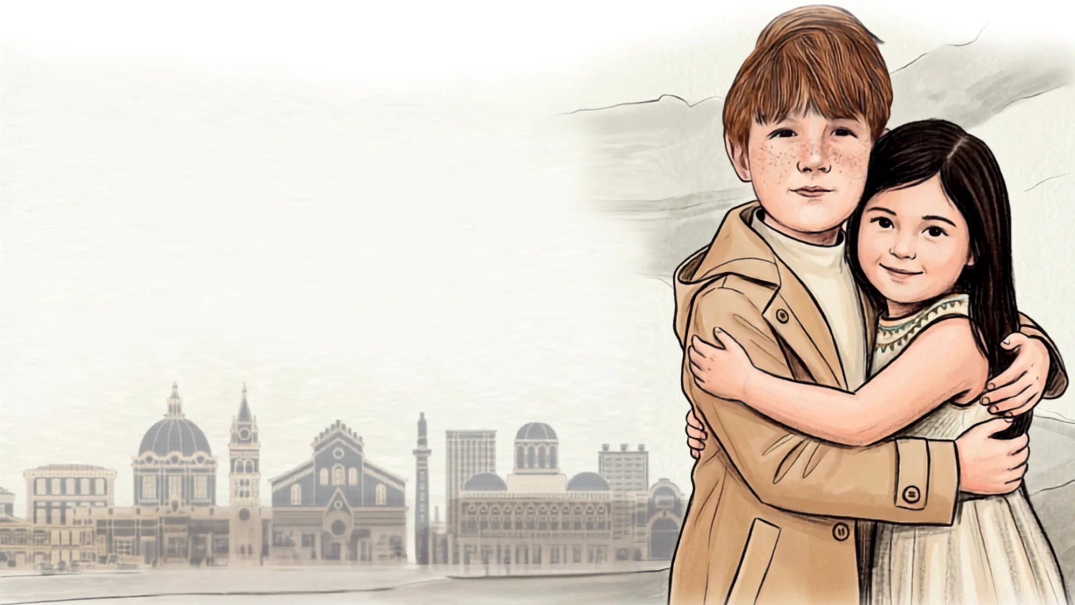 Due bambini che si abbracciano, disegnati a mano, con il fronte del mare di Messina alle loro spalle: la cupola del Duomo, il campanile e la falce del porto
