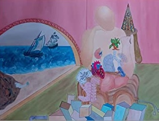 Il dipinto riprodotto sul sigillo dell'associazione: una stanza rosa, una nave in un quadro alla parete, una figura seduta fra i doni